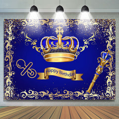 Lofaris Glod Brown And Navy Blue Crown Happy Birthday Backdrop