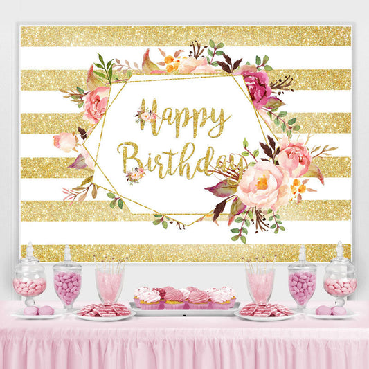 Lofaris Gloden Stripe And Floral Birthday Backdrop For Girl