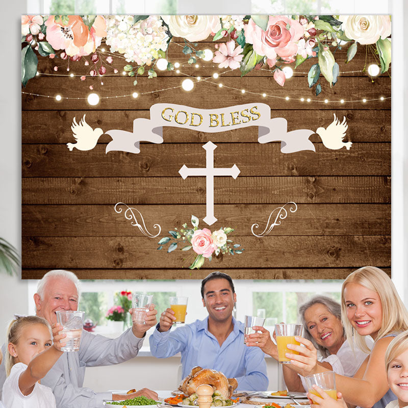 Lofaris God Bless Doves and Florals Wooden Backdrop for Baby