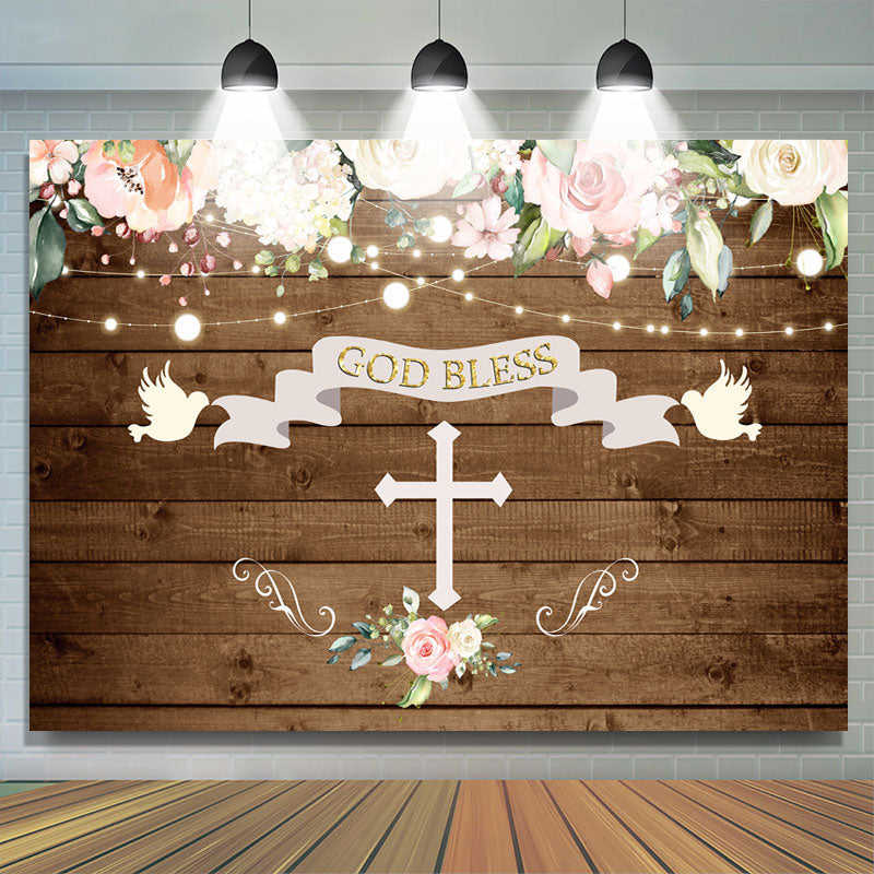 Lofaris God Bless Doves and Florals Wooden Backdrop for Baby