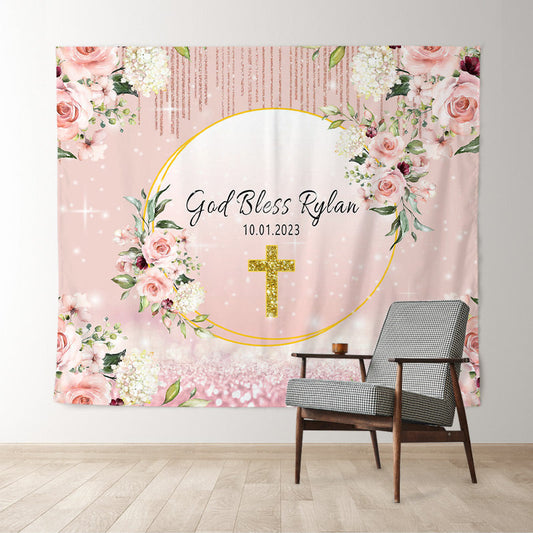 Lofaris God Bless Flower Gold Glitter Wedding Party Backdrop