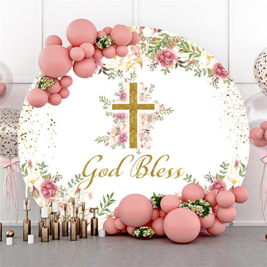 Lofaris God Bless Gold Cross Happy Birthday Round Backdrop