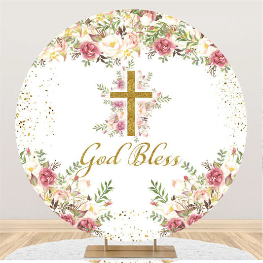 Lofaris God Bless Gold Cross Happy Birthday Round Backdrop