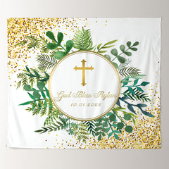 Lofaris God Bless Green Leaves Gold Glitter Wedding Backdrop