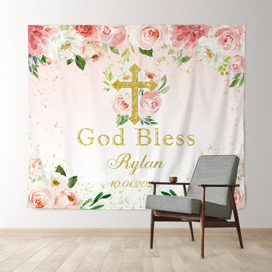Lofaris God Bless Pink Floral Gold Glitter Backdrop for Bridal Shower