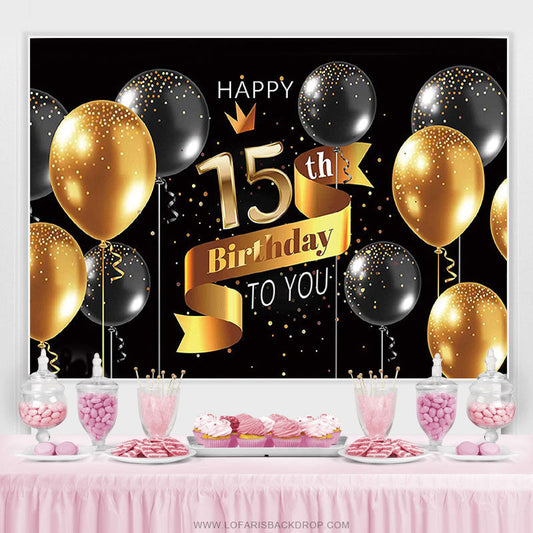 Lofaris Gold And Black Balloons Glitter 15th Birthday Backdrop