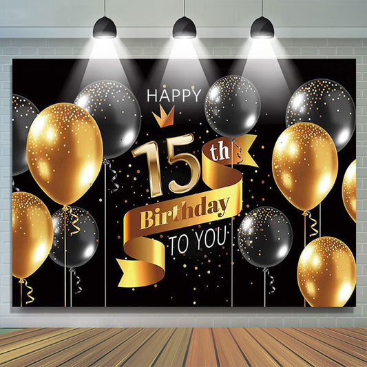 Lofaris Gold And Black Balloons Glitter 15th Birthday Backdrop