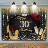 Load image into Gallery viewer, Lofaris Gold and Black Red Rose Diamond 30th Birthday Backdrop