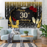 Load image into Gallery viewer, Lofaris Gold and Black Red Rose Diamond 30th Birthday Backdrop