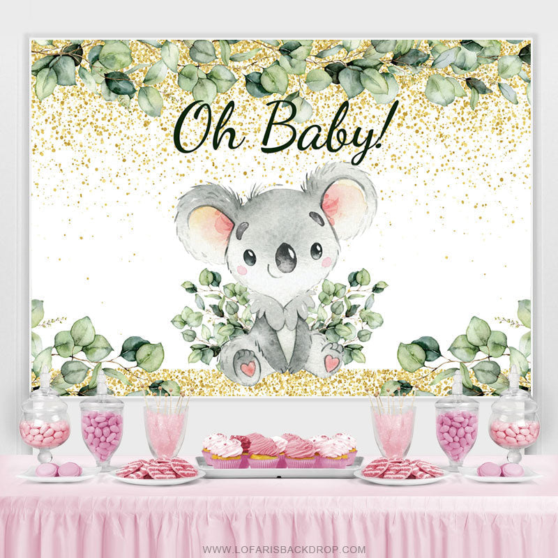 Lofaris Gold And Green Leaves Lovely Koala Baby Shower Backdrop