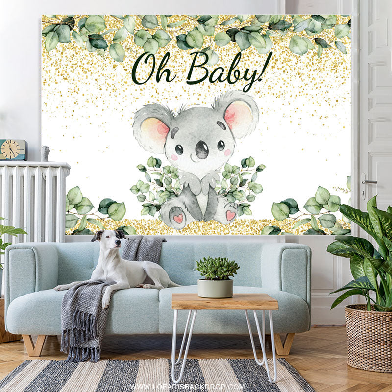 Lofaris Gold And Green Leaves Lovely Koala Baby Shower Backdrop