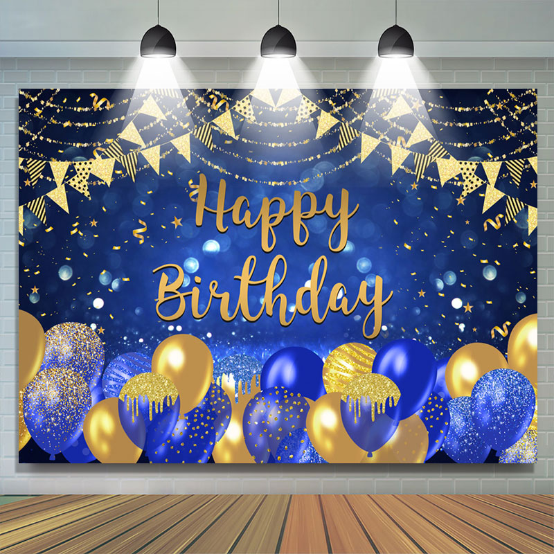 Lofaris Gold And Navy Blue Balloons Glitter Birthday Backdrop