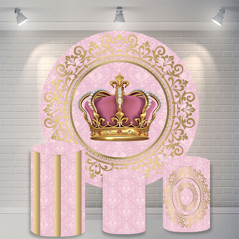Lofaris Gold And Pink Crown Round Girls Birthday Backdrop Kit