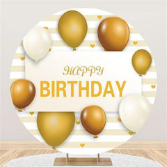 Lofaris Gold And White Ballon Round Happy Birthday Bacckdrop