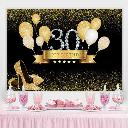 Lofaris Gold Balloon Black Bokeh 30th Happy Birthday Backdrop