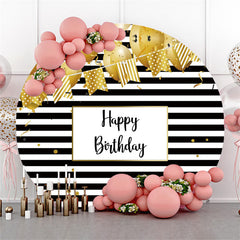Lofaris Gold Balloon Black White Stripes Round Birthday Backdrop