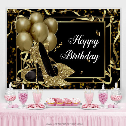 Lofaris Gold Balloons And Glitter Heels Happy Birthday Backdrop