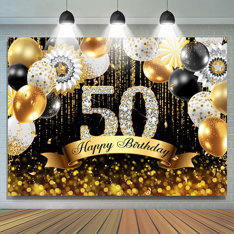 Lofaris Gold Balloons Bokeh Glitter Happy 50th Birthday Backdrop