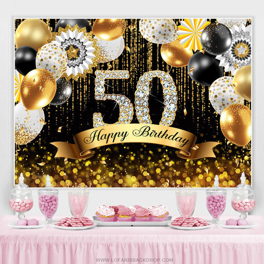 Lofaris Gold Balloons Bokeh Glitter Happy 50th Birthday Backdrop