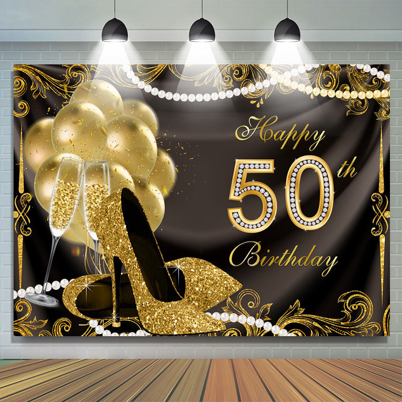 Lofaris Gold Balloons Glitter 50th Happy Birthday Backdrop