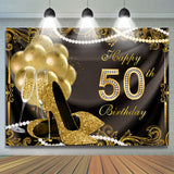 Load image into Gallery viewer, Lofaris Gold Balloons Glitter 50th Happy Birthday Backdrop