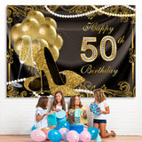 Load image into Gallery viewer, Lofaris Gold Balloons Glitter 50th Happy Birthday Backdrop