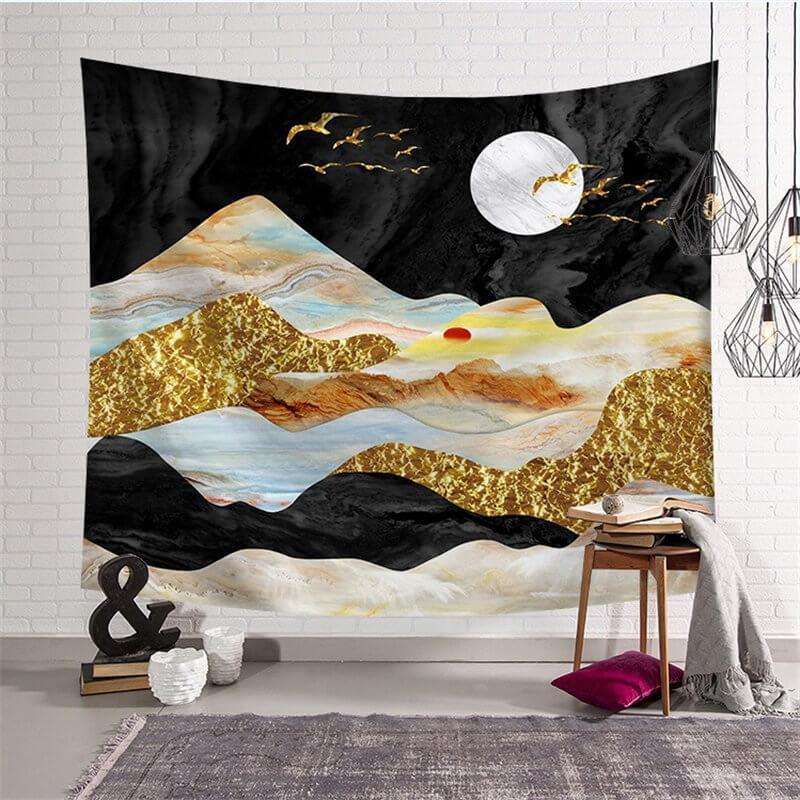 Lofaris Gold Black Mountain Landscape Still Life Wall Tapestry