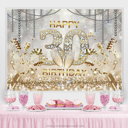Lofaris Gold Bokeh Diamons Happy 30th Birthday Party Backdrop