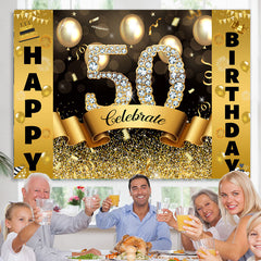 Lofaris Gold Bokeh Glitter Celebrate Happy 50th Birthday Backdrop