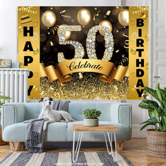 Lofaris Gold Bokeh Glitter Celebrate Happy 50th Birthday Backdrop