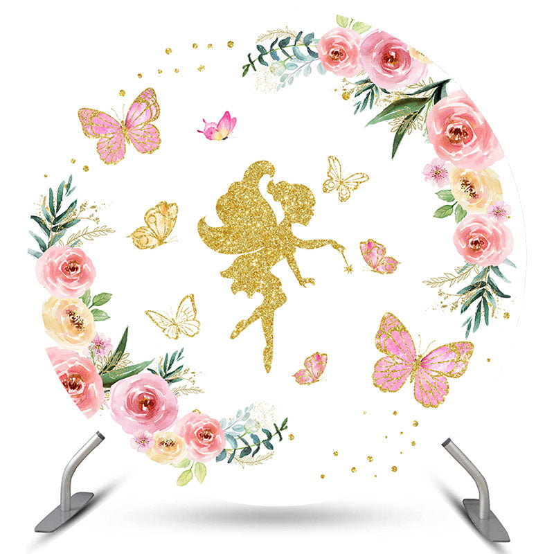 Lofaris Gold Butterfly Fairy Floral Round Birthday Backdrop