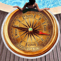 Lofaris Gold Compass Fair Wind Round Beach Towel With Fringe
