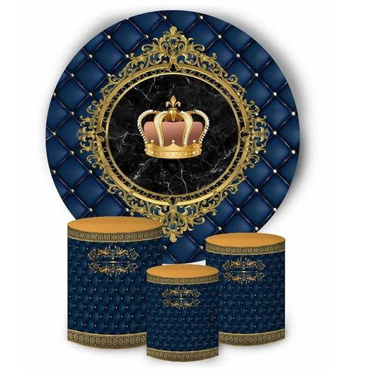 Lofaris Gold Crown Dark Blue Round Boys Birthday Backdrop Kit