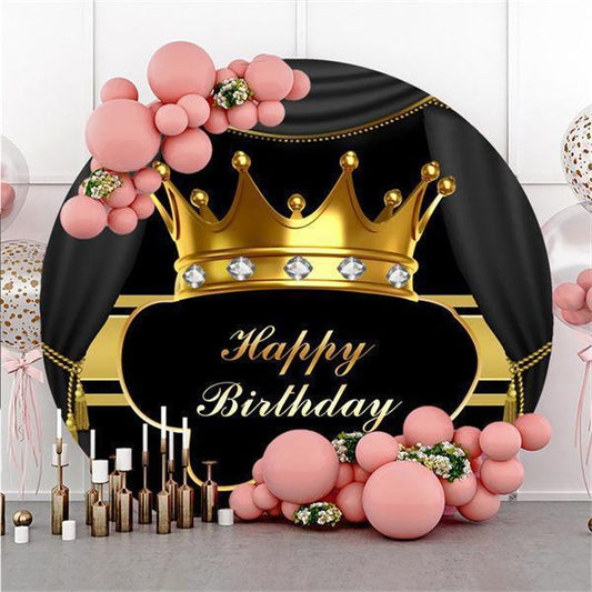 Lofaris Gold Crown Diamonds Black Round Happy Birthday Backdrop