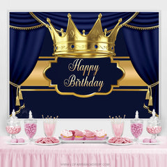 Lofaris Gold Crown Navy Blue Happy Birthday Party Backdrop