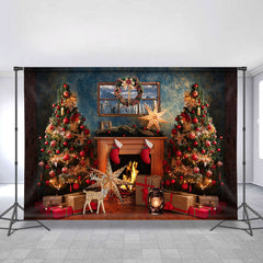 Lofaris Gold Elk Red Socks Fireplace Christmas Theme Backdrop