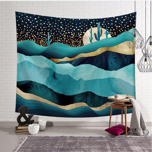 Lofaris Gold Glitter Abstract Mountain Landscape Wall Tapestry
