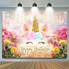 Lofaris Gold Glitter And Floral Unicorn Happy Birthday Backdrop