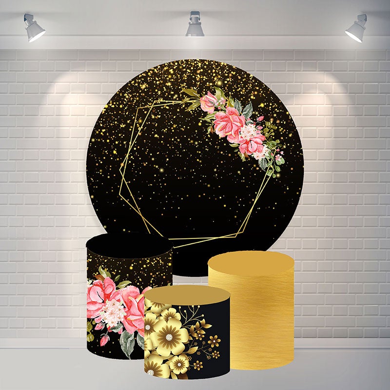 Lofaris Gold Glitter And Flower Round Happy Birthday Backdrop