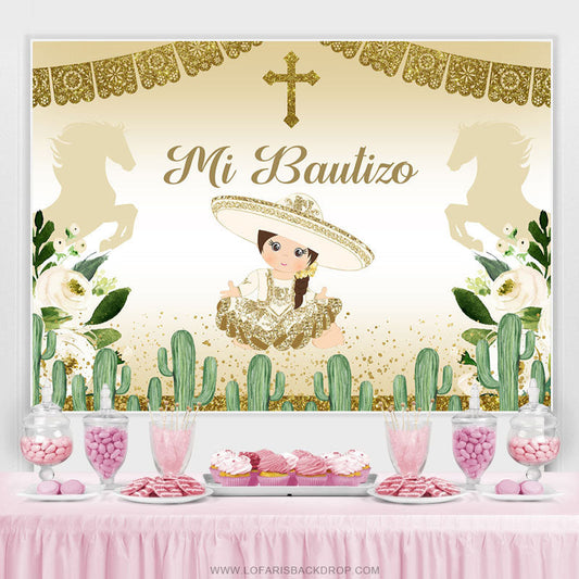 Lofaris Gold Glitter And Green Cactus Mi Bautizo Girls Backdrop