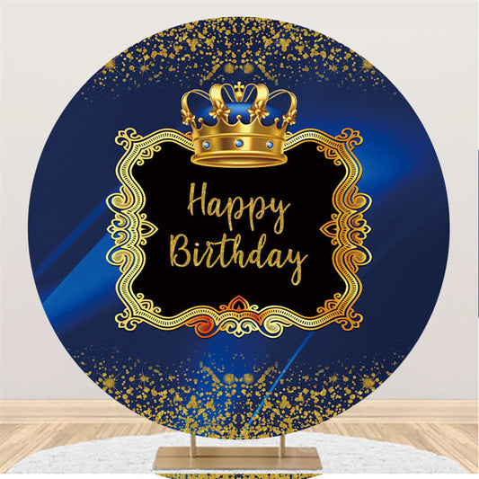 Lofaris Gold Glitter And Navy Blue Round Happy Birthday Backdrop