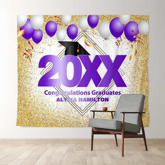 Lofaris Gold Glitter And Purple Ballons Congratulatios Backdrop