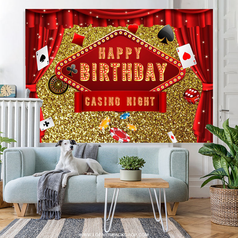 Lofaris Gold Glitter And Red Curtain Happy Birthday Backdrop