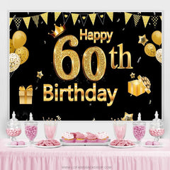 Lofaris Gold Glitter Ballons Black Happy 60th Birthday Backdrop