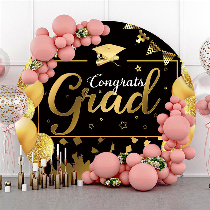 Lofaris Gold Glitter Balloons Round Black Congrats Grad Backdrop