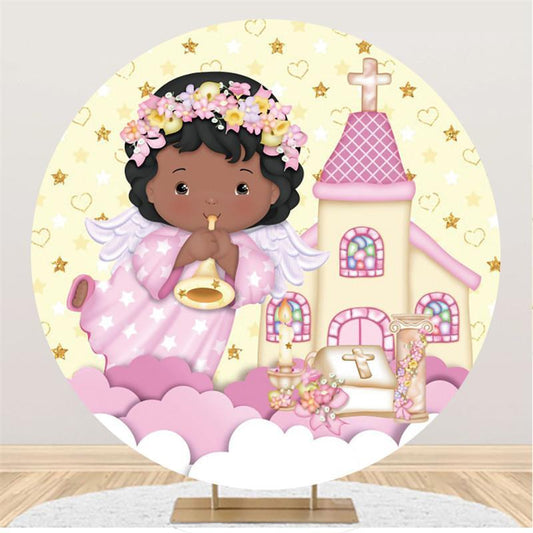Lofaris Gold Glitter Church Angel Pink Circle Round Backdrops