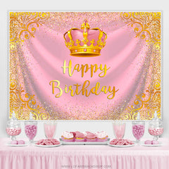 Lofaris Gold Glitter Crown Pink Happy Birthday Backdrop For Girl