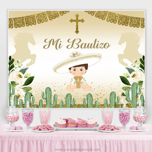 Lofaris Gold Glitter Flags Mi Bautizo Baby Shower Backdrop