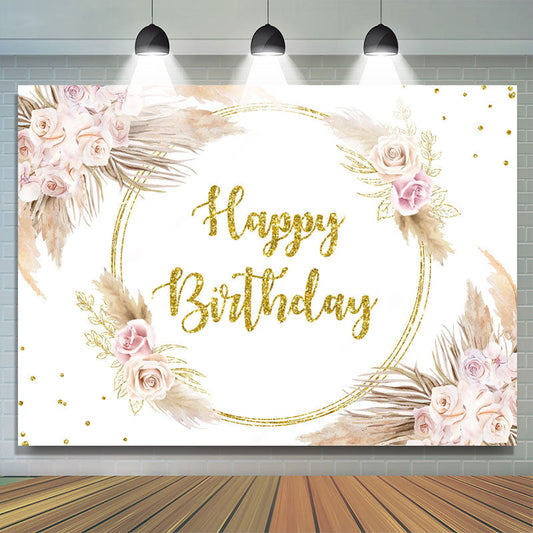 Lofaris Gold Glitter Floral Feather Happy Birthday Backdrop