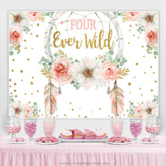 Lofaris Gold Glitter Four Ever Wild Pink Floral Birthday Backdrop